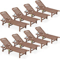 SERWALL Outdoor Chaise Lounge Set of 8, HDPE Pool Lounge Chairs with 5-Position Adjustable Backrest, Patio Loungers with Rolling Wheels & Cup Holder for Pool Sunbathing, Brown