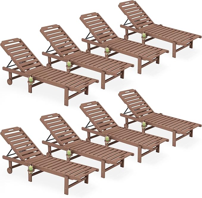SERWALL Outdoor Chaise Lounge Set of 8, HDPE Pool Lounge Chairs with 5-Position Adjustable Backrest, Patio Loungers with Rolling Wheels & Cup Holder for Pool Sunbathing, Brown