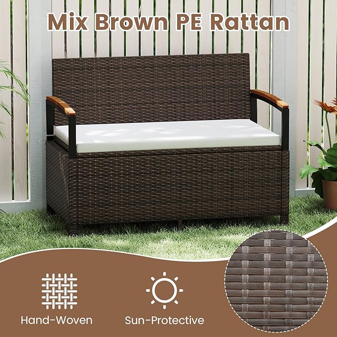 RELAX4LIFE Wicker Outdoor Storage Bench - Rattan Deck Box w/Protective Liner for Patio Furniture Pillows, Pool Supplies & Garden Tools, Porch Loveseat with Seat Cushion, Acacia Wood Armrests