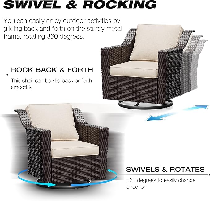 Joyside Wicker Patio Furniture Sets, 8 Pieces Upgraded Large Size Outdoor Furniture with Swivel Rocking Patio Chairs, Patio Dining Chair, 3-Seat Sofa, Outdoor Ottoman, Thick Cushions, Wide Armrest