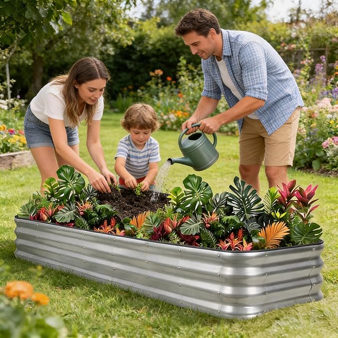1MORE Raised Garden Bed -8X2X1 Galvanized Planter Box for Outdoor Gardening,5 in 1 Modular Raised Bed Kit with Protective Tape, Gloves for Herb,Ideal for Vegetables and Plants.Sliver-2pack