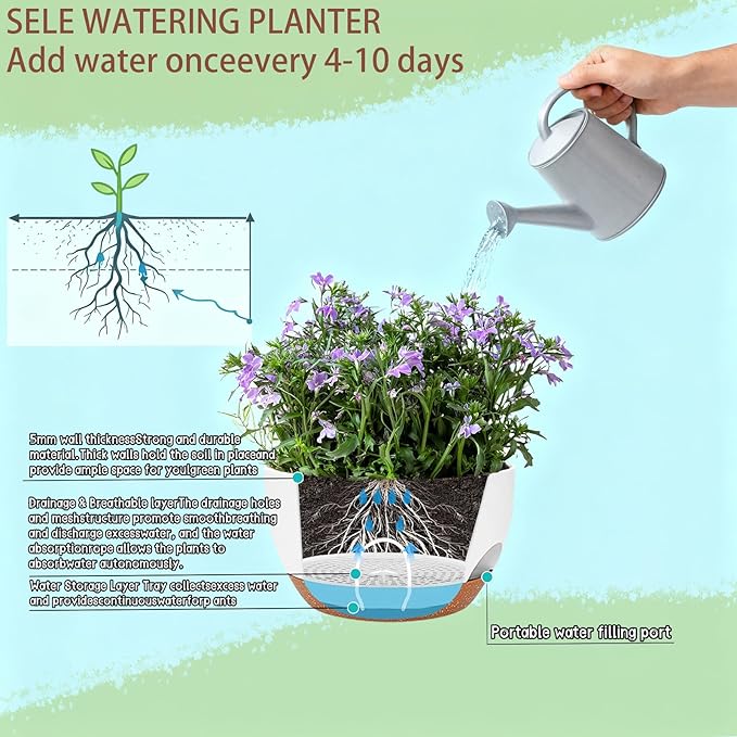Set of 2-8 Inch Self Watering Hanging Planters for Indoor Outdoor，Hanging Plant Pots with Drainage & Removable Tray, Hanging Pots Holder for Ivy, Pothos, Ferns, Balcony & Patio, White Brown