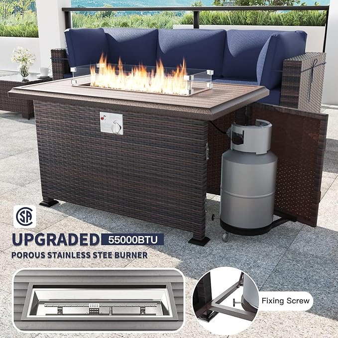 Kullavik 10 Pieces Outdoor Patio Furniture Set with 43" 55000BTU Gas Propane Fire Pit Table PE Wicker Rattan Sectional Sofa Patio Conversation Sets,Navy Blue