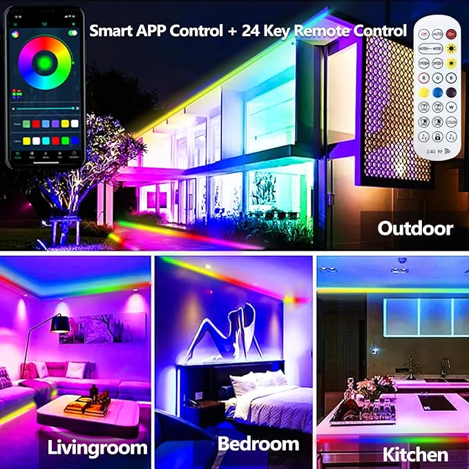 50FT Outdoor LED Strip Light Waterproof,IP68 Outside RGB+IC Light Strip with App/Remote Control,Chase Mode,Music Sync Rope Light for Balcony,Deck,Rooftop,Garden,Pool