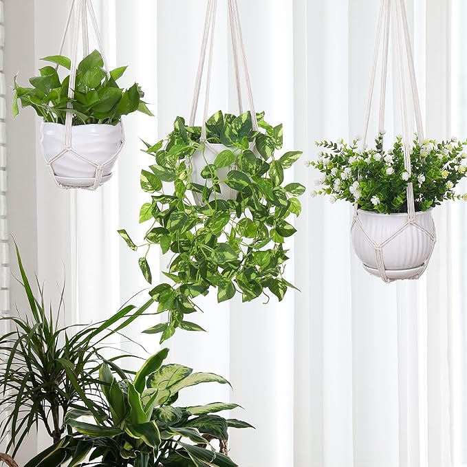 YIBOT 3 Pack Macrame Plant Hanger Indoor Hanging Planter for Plants Holder with 3 Hooks, 35"/29"/23" Size No Tassels for Boho Home Decor, Ivory (POTS NOT Included)