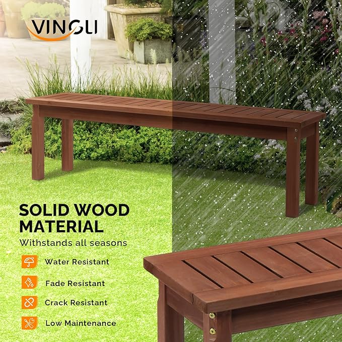 VINGLI Outdoor Wooden Bench, 62” Porch Bench Outdoor Backless Garden Bench, Small Outdoor Bench for Deck Patio Entryway (Brown, 62in)