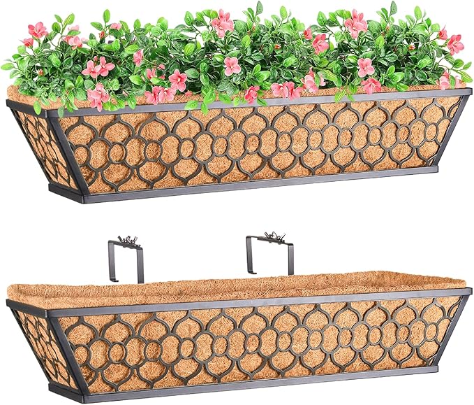 Riare 2 Pack 24 Inch Window Boxes Planters with Coco Liner, Metal Deck Railing Planter Boxes, Balcony Planters Railing Hanging, Horse Trough Window Flower Planter Boxes for Outdoor Porch Fence Patio