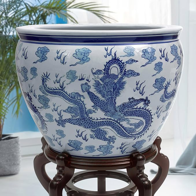 Red Lantern 18" Dragon Blue & White Porcelain Fishbowl