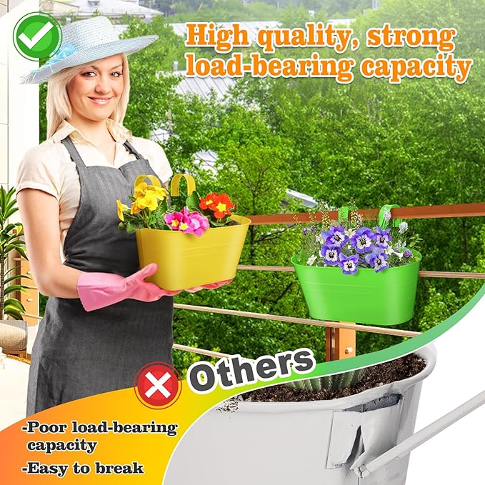 MADHOLLY Railing Planter with Drainage Holes - Sturdy Bucket Pots for Railing Fence, Countryside Style Metal Flower Pots for Herbs Balcony Garden Yard Decor, 4Pcs, Colorful