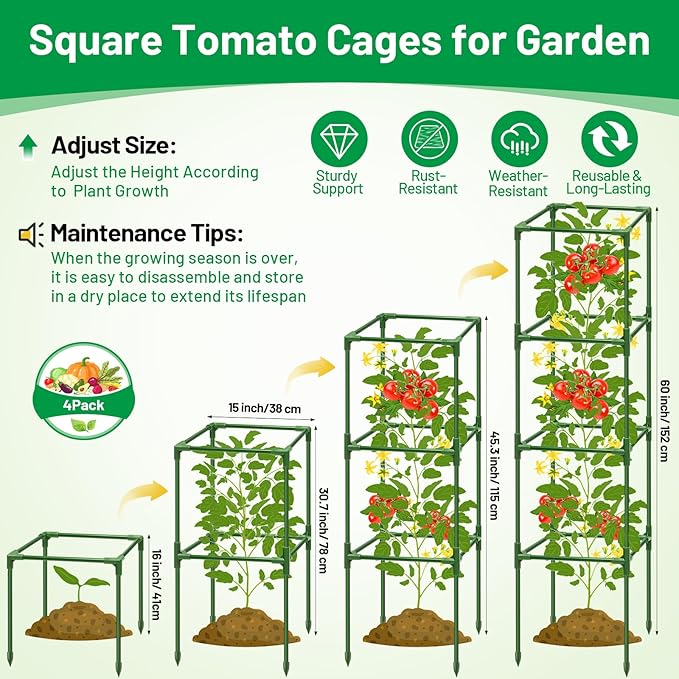 Legigo 4 Pack Square Tomato Cages for Garden- Up to 60 Inch Tomato Plant Support Stakes Cage, Heavy Duty Steel Tomato Trellis Garden Stakes for Raised Garden Bed Climbing Vegetables Cucumbers Flowers
