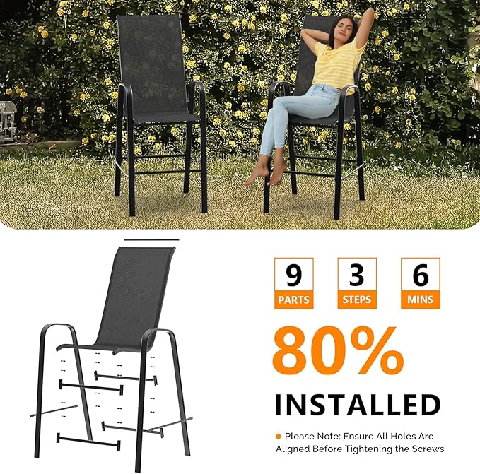 VINGLI Set of 2 Stackable Outdoor Bar Stools – Sling Chairs with High Back & Armrests, for Lawn, Garden, Bar, Black