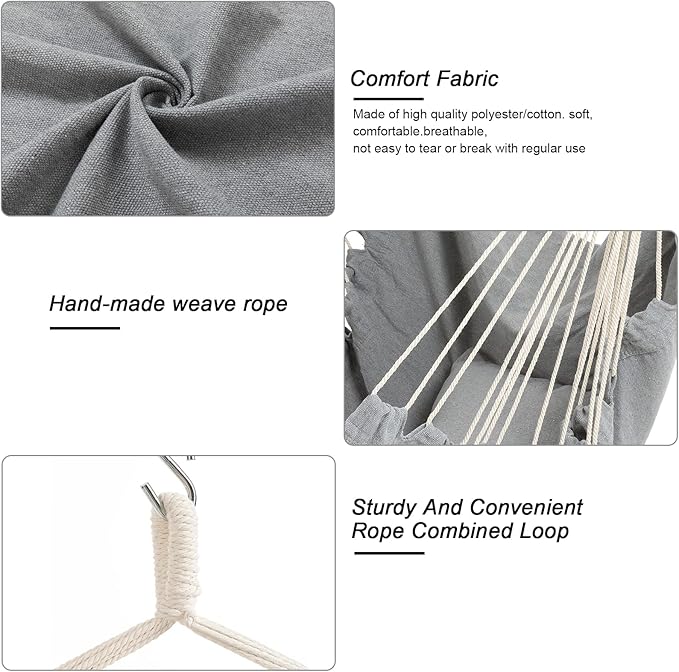 Hammock Chair, Hanging Rope Swing Seat with 2 Cushions,Macrame Hanging Chair Side Pocket with High Load-Bearing Metal Rod,for Indoor, Outdoor, Extra Comfortable