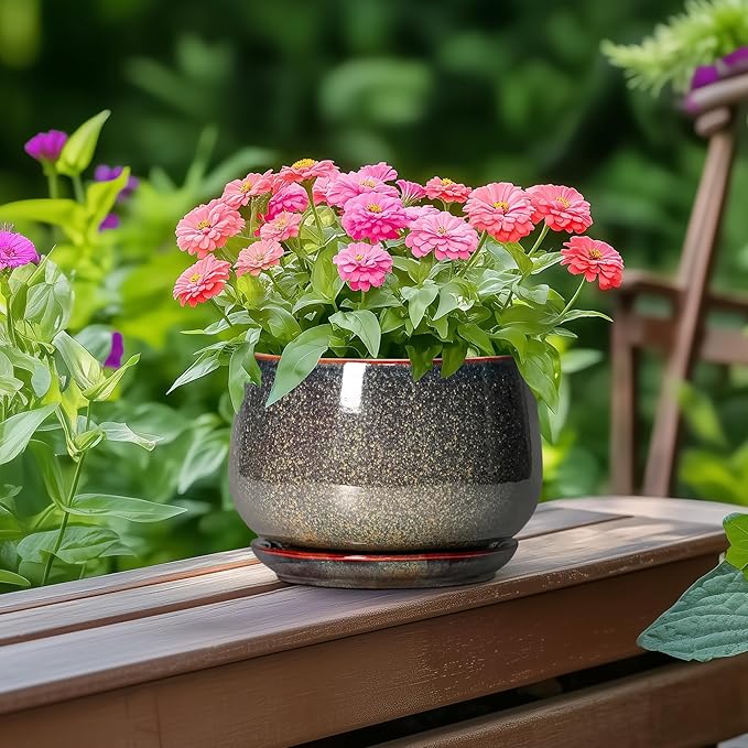 G EPGardening 6 Inch Plant Pot - Ceramic Succulent Pots with Drainage and Ceramic Tray, Round Planter for Indoor Outdoor Plants, Decorative Flower Pots, Home Decor, Gift for Women Men, Speckled Brown
