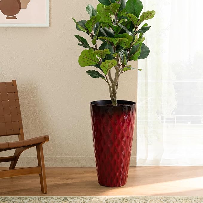 Glitzhome 23.75" H Tall Outdoor Planter, Set of 2 Wavy Texture Red Large Planters for Outdoor Plants, with Drainage Hole, Plastic Round Decorative Tall Flower Pots for Indoor Outdoor, Front Porch