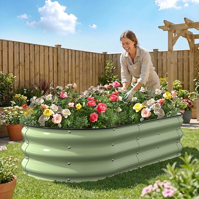 Kesfitt Raised Garden Bed, 5x2x1 FT Galvanized Steel Metal Raised Garden Bed, Oval Open-Bottom Design, 12-Inch Deep for Outdoor Vegetable & Herb Gardening, Fruit Green