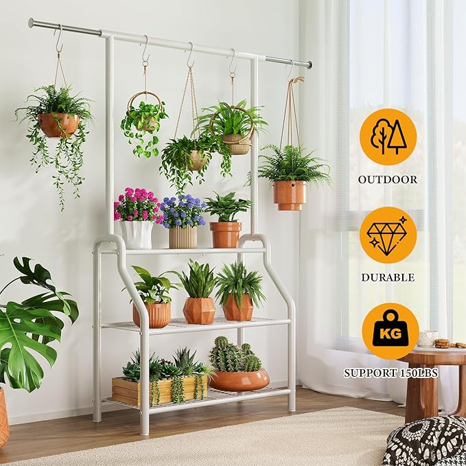 Plant Stand Indoor Outdoor, 3-Tier Heavy Duty Metal Hanging Plant Shelf, 61'' Tall Large Plant Holder Rack for Multiple Big Pots, Flower Stand for Living Room, Garden, Balcony, White