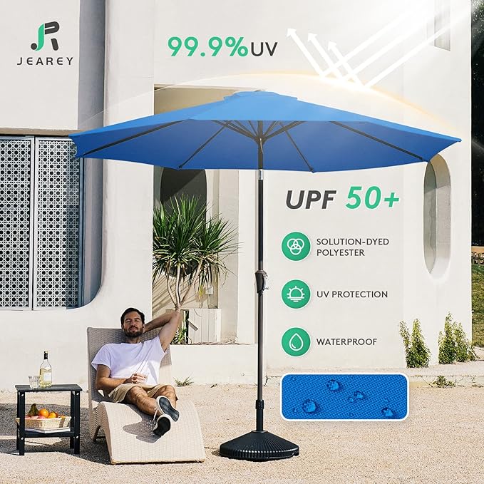 JEAREY 9FT Outdoor Patio Umbrella Outdoor Table Umbrella with Push Button Tilt and Crank, Market Umbrella 8 Sturdy Ribs UV Protection Waterproof for Garden, Deck, Backyard, Pool (Royal Blue)