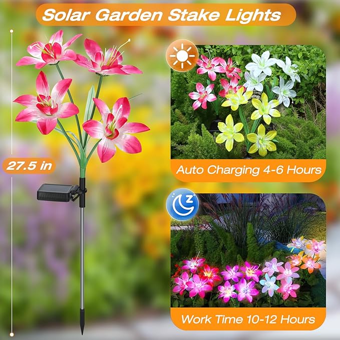 Aukora Solar Garden Lights Outdoor 10 Pack, 5 Colors Lily Flowers & 7-Color Changing Led Lights for Outside, Solar Outdoor Light Waterproof for Pathway Patio Yard Decor, Red Yellow Blue White Purple
