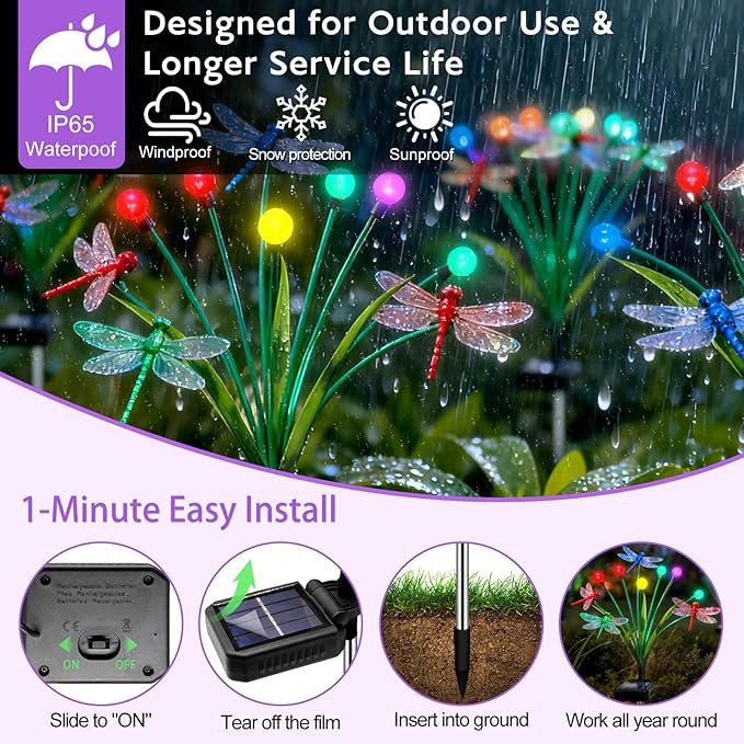Solar Garden Lights Outdoor - 4 Pack Dragonfly Solar Swaying Light, Sway by Wind, Firefly Lights Outdoor Yard Patio Pathway Decoration, High Flexibility Iron Wire & Heavy Bulb Base(Multicolor)