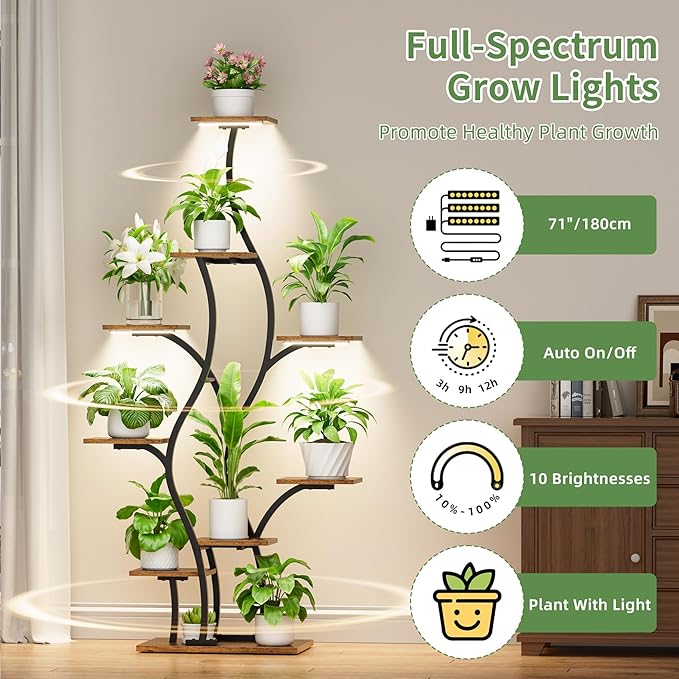 Plant Stand Indoor with Grow Lights - Lighted Plant Shelf Indoor, 64.5" Tall Corner Plant Stands for Indoor Plants, 9 Tiered Tree-Shaped Flower Shelf Metal Holder for Living Room, Bedroom, Black