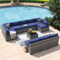 Aoxun 11 Piece Patio Furniture Set Wicker Rattan Patio Conversation Set Outdoor Sectional Sofa Set with Coffee Table and Thickened Cushions, Gray/Blue(Waterproof Cover Included)