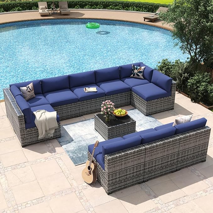 Aoxun 11 Piece Patio Furniture Set Wicker Rattan Patio Conversation Set Outdoor Sectional Sofa Set with Coffee Table and Thickened Cushions, Gray/Blue(Waterproof Cover Included)