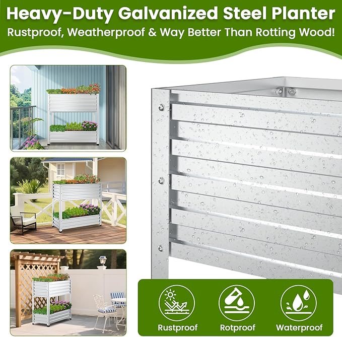 2-Tier Galvanized Raised Garden Bed with Legs, 36"x16"x36" Metal Elevated Planter Box (12" Top/8" Bottom Depth), 500LB Capacity for Vegetables, Herbs, Leafy Greens, Flowers on Patio Yard