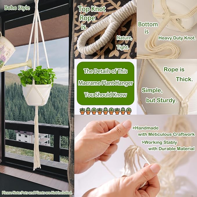 Macrame Plant Hangers Indoor Macrame,4 Pack Hanging Planter Holder for Window,Ceiling Crochet Handmade Boho Home Decor Set for Hanging Plants Basket Pot,Ivory