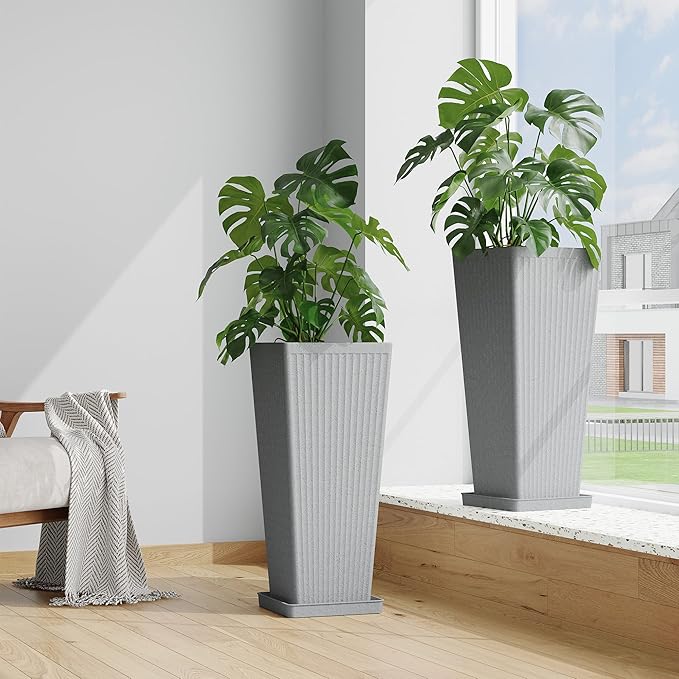 Tall Planters for Outdoor Plants Set of 2, 23.6" Large Taper Flower Plant Pots with Drainage Hole and Drainage Trays, Weather-Resistant Plastic planters for Patio, Porch, Garden, Grey