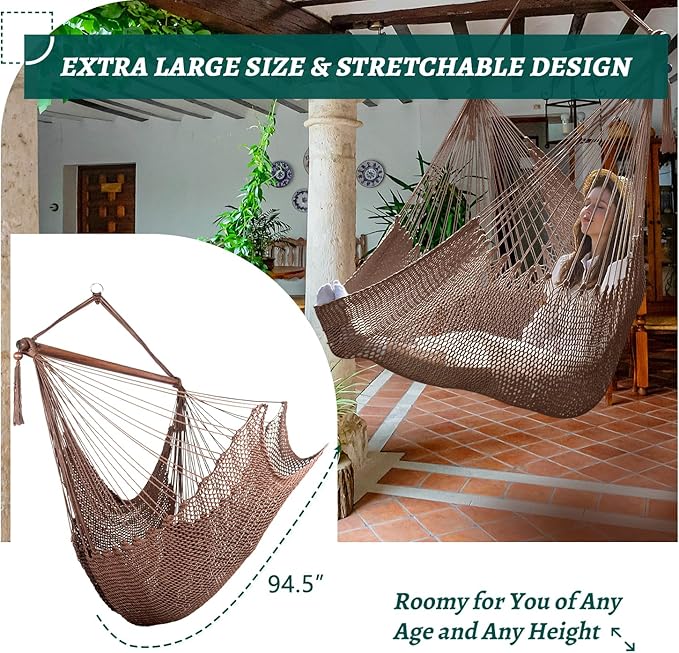 Caribbean Hammock Swing Chair with Spreader Bar, Large Hammock Chair, Hand Craft Rope Hanging Chair Outdoor, Indoor, Bedroom, 330 LBS Weight Capacity, Dark Brown