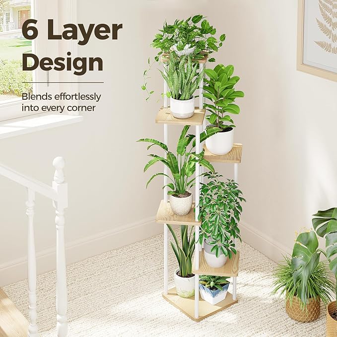 Bamworld White Plant Stand Indoor 6 Tier Metal Plant Shelf for Multiple Plants Tall Flower Stand for Patio Garden Balcony Living Room Bedroom