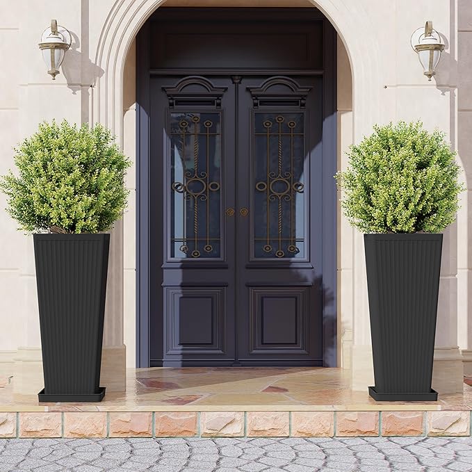 Tall Planters for Outdoor Plants Set of 2, 23.6" Large Taper Flower Plant Pots with Drainage Hole and Drainage Trays, Weather-Resistant Plastic planters for Patio, Porch, Garden, Black