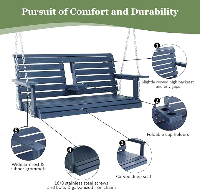 Poly Lumber 2-Seat Porch Swing, HIPS 4.5-Feet Bench Swing with Foldable Cup Holders,18/8 Stainless Steel Hardware, High Backrest and Deep Contoured Seat (Navy Blue, 4.5-feet)