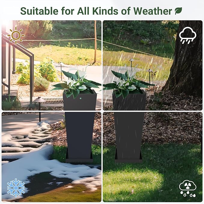 Tall Outdoor Planters Set of 2, 24 inch Tall Planters for Outdoor and Indoor, Metal Tapered Pots with Drainage Holes & Insert Shelves & Trays for Porch, Garden, Patio, Yard