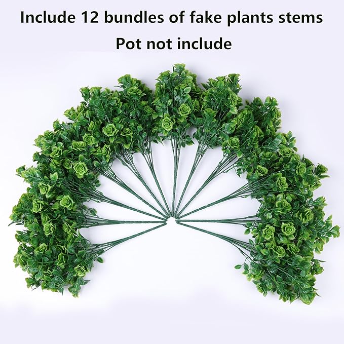 Artificial Fake Outdoor Plants for Spring Summer Decoration, 12 Bundles Fake Plastic Roses UV Resistant Look Real Faux Plants for Planter Outside Front Door Porch Patio Balcony Garden Indoor Yard Urn
