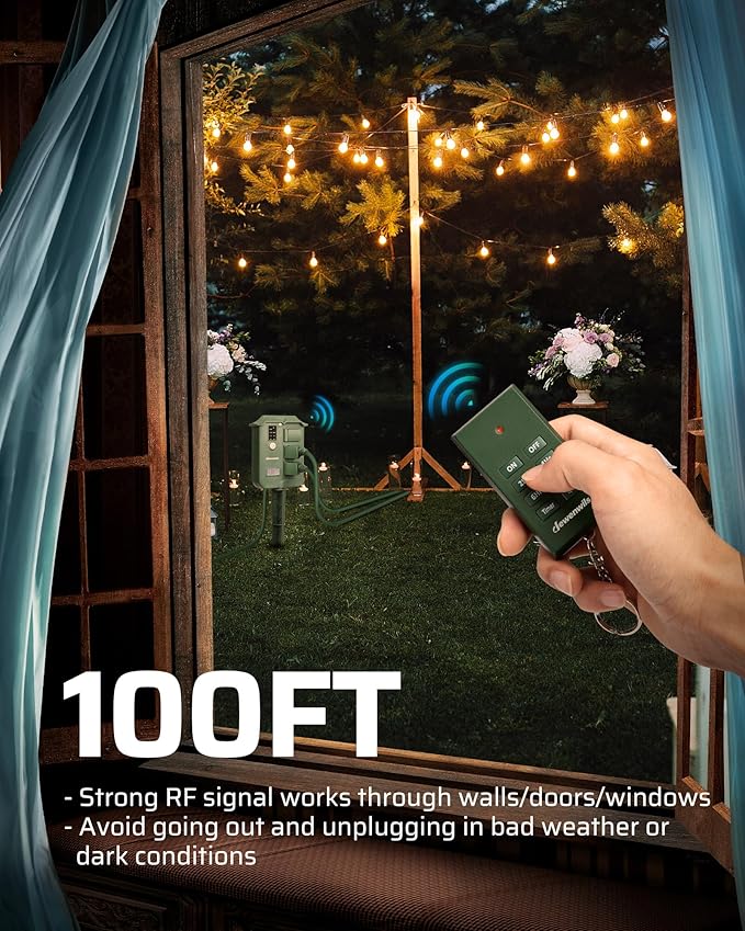 DEWENWILS Outdoor Power Stake Timer Waterproof, 6 Grounded Outlets, 6FT Extension Cord, 100FT Wireless Remote Control, Photocell Dusk to Dawn Timer for Lights, Yard, Garden, UL Listed