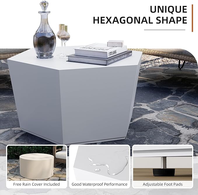 UPHA Outdoor Hexagon Coffee Table, Small Modern Minimalist Accent Tables, Low Light Concrete Center Table for Living Room, Outside Patio, Deck, 28×24.2×15.4, Pure White