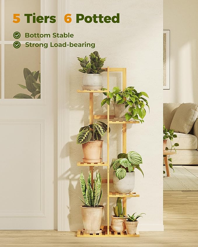 Bamworld Bamboo Plant Stand Indoor 5 Tiered Plant Shelf Outdoor Corner Plant Rack for Multiple Plants Flower Stand Plant Holder for Living Room Bedroom Balcony Patio Garden 43 Inch Natural