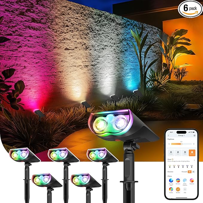 Linkind Smart Solar Lights Outdoor SL5 with Motion Sensor, APP Control Color Changing Solar Spot Lights Outdoor, St. Patrick's Day Decorations, IP65 Landscape Lighting for Yard, Garden, Path(6 Pack)