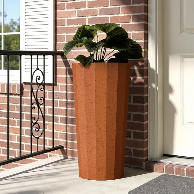 23.6" Tall Outdoor Planters Set of 2, Large Planters for Outdoor Plants for Porch Decor with Drainage Hole, Wide Stripe Design Porch Flower Pots for Indoor Pot Patio/Garden, Terracotta
