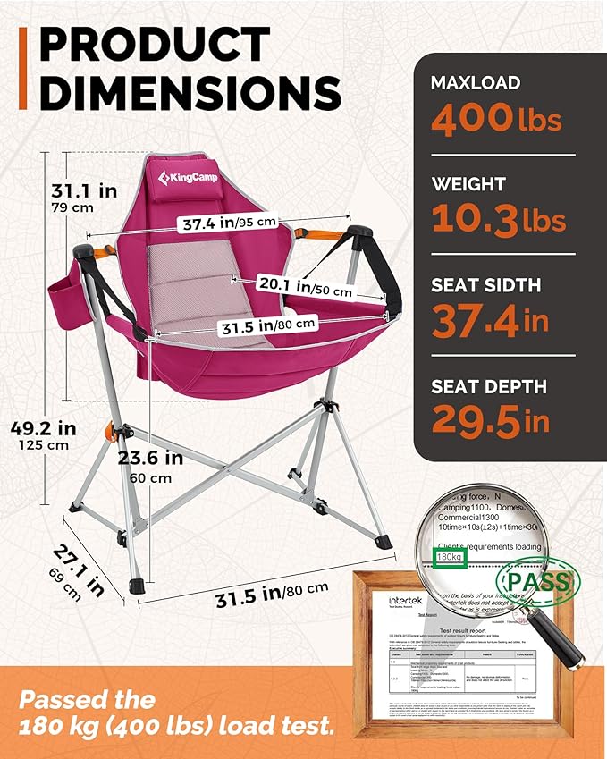 KingCamp Hammock Camping Chair, Swinging Portable Folding Camp Chairs for Adults Max 400lbs Heavy Duty Foldable Oversized Rocker with Aluminum Alloy Frame Cup Holder for Outdoor Beach Patio Sport