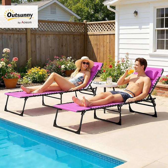 Outsunny Folding Chaise Lounge Chair Set of 2, Patio Sun Tanning Chair, Outdoor Chaise Lounger with 4-Position Reclining Back, Breathable Mesh Seat for Beach, Poolside, Yard, Purple