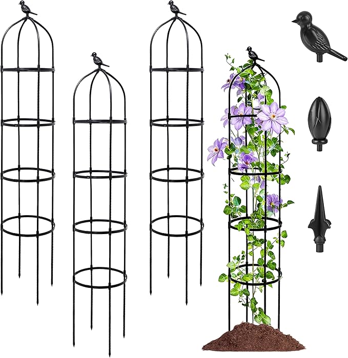 4-Pack 6FT Garden Obelisk Trellis for Climbing Plants,Adjustable 4-Tier Metal Plant Support,Rustproof Outdoor Plant Tower with 3 Decorative Tops for Roses,Tomatoes,Clematis & Vines,Black