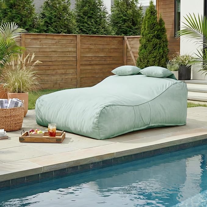 Merax Outdoor Bean Bag Chair Sun Lounger for 2 Adult, 73" Big Comfy Outdoor Bean Bag Daybed Couch with Headrest, Water-Resistant Fabric Patio Chaise Lounger Chair for Pool Balcony Beach Deck, Mint