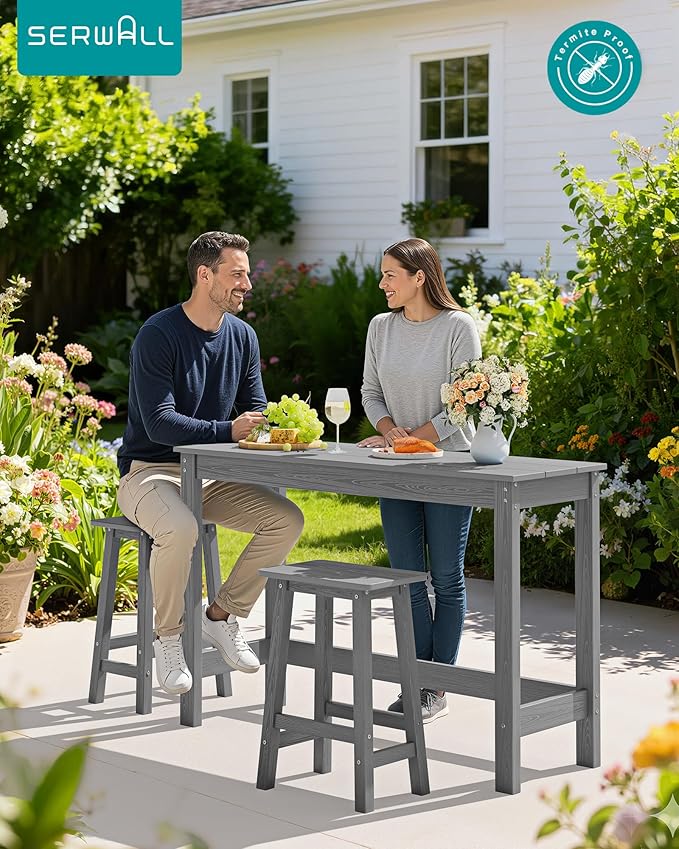 SERWALL 3-Piece Outdoor Bar Set, Rectangular All Weather HDPE Bar Height Patio Set, Outdoor High Top Table and Stools for for Outside, Poolside, Backyard, Garden, Grey