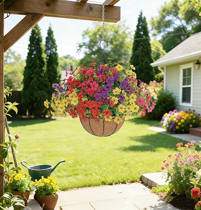 Senjie 12 Bundles Artificial Hanging Flowers with Basket for Outdoor Decor, UV Resistant Faux Flowers Fake Hanging Planter for Porch Patio Balcony