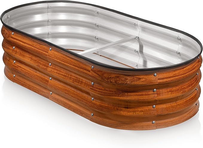 Plant & Plot Galvanized Raised Garden Beds Outdoor // 4×2×1 ft Planter Raised Beds for Gardening, Vegetables, Flowers // Large Metal Garden Box (Dark Wood Grain)