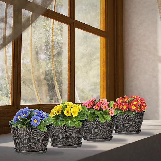 Quarut 4 Pack 6 Inch Flower Pots for Outdoor Indoor, Plastic Plant Pots with Drainage Hole & Saucer, Lightweight Small Flower Pot, Circle Pattern Planters for Garden House planters（Brown）