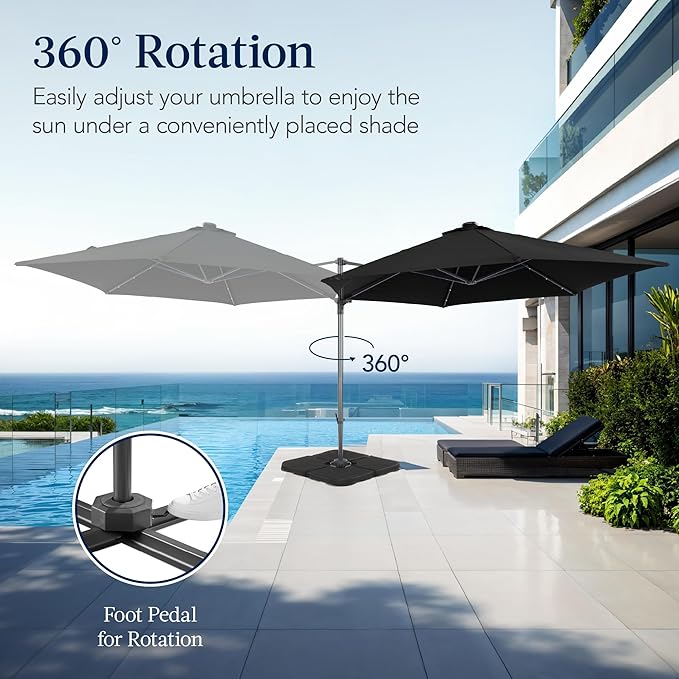 Best Choice Products 10ft Solar LED Offset Cantilever Hanging Market Patio Umbrella, Smooth 360° Rotation, 8 Sturdy Ribs, Easy Adjustment - Black