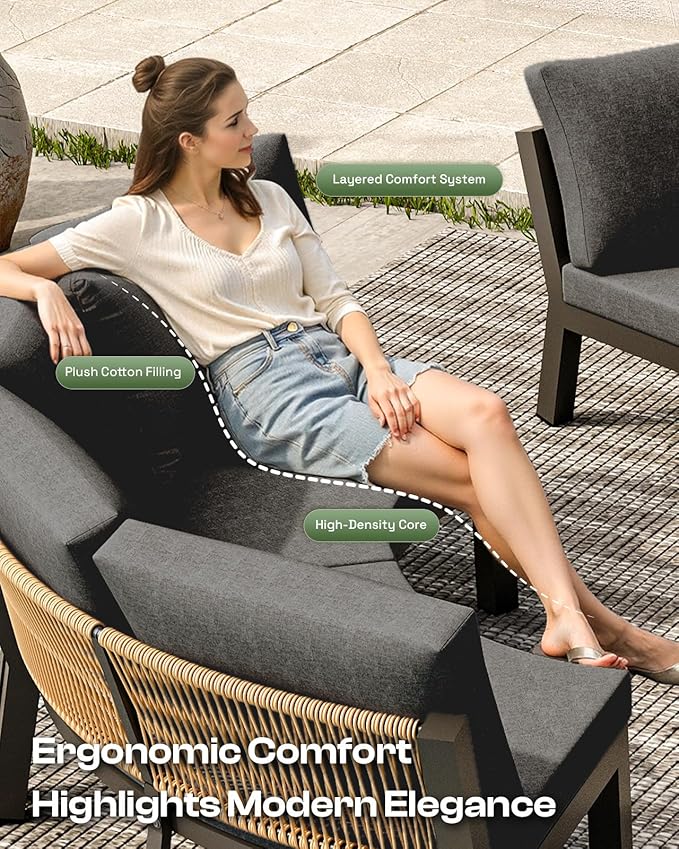 Outdoor Aluminum Patio Furniture Set, 7 Piece Curved Outdoor Sectional Sofas with Coffee Table, PE Rope Patio Conversation Sets, All-Weather Patio Couch Sets with Cushions, Graphite